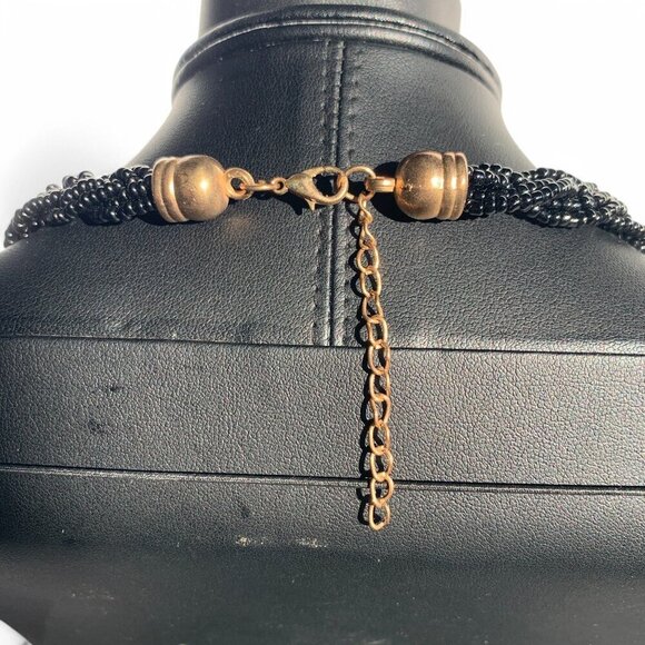 Two-Tone Black & Gold Beaded Braided Necklace With Adjustable Chain Closure 19"L - Picture 4 of 7